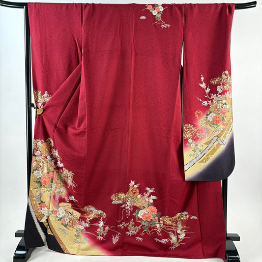 【美品】振袖禮服 身長169cm 袖長69cm L 雙層 御所車 花丸紋 金絲 金銀彩 紅色 純蠶絲 秀品級