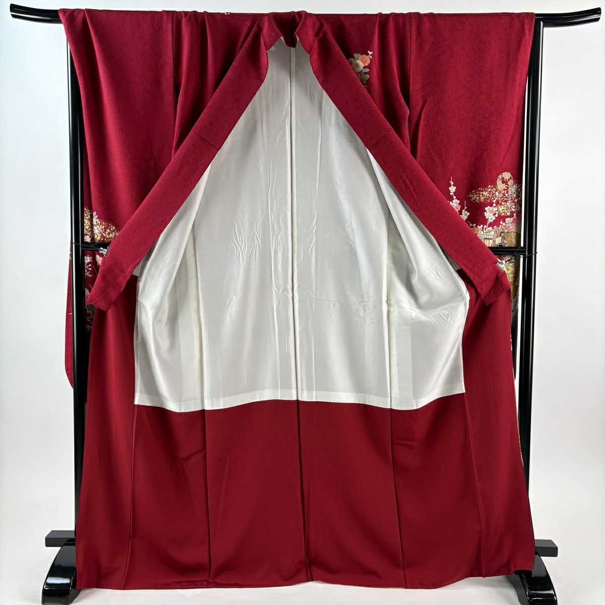【美品】振袖禮服 身長169cm 袖長69cm L 雙層 御所車 花丸紋 金絲 金銀彩 紅色 純蠶絲 秀品級