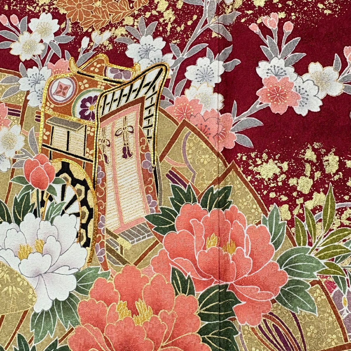 【美品】振袖禮服 身長169cm 袖長69cm L 雙層 御所車 花丸紋 金絲 金銀彩 紅色 純蠶絲 秀品級
