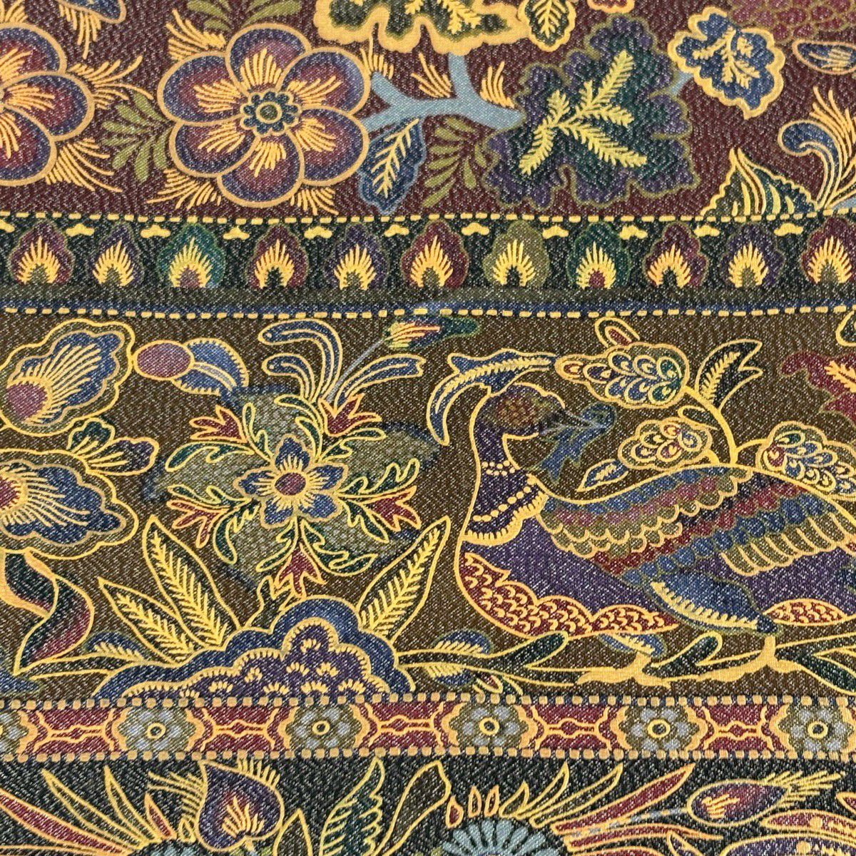 【美品】 袋帶 逸品級 前田仁仙 落款 鳥 草花紋紋 銀線 金銀彩 茶綠 全通 純蠶絲