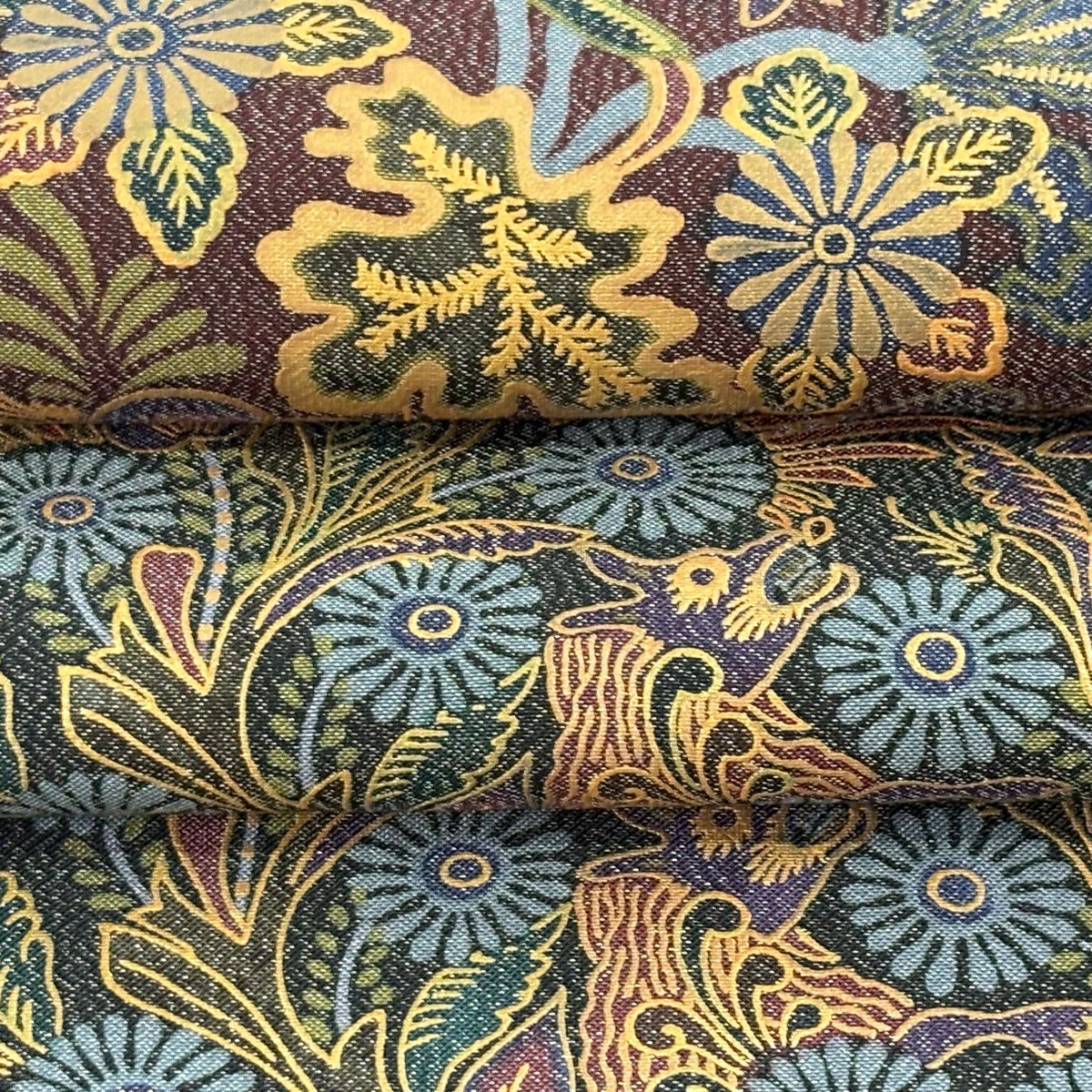 【美品】 袋帶 逸品級 前田仁仙 落款 鳥 草花紋紋 銀線 金銀彩 茶綠 全通 純蠶絲