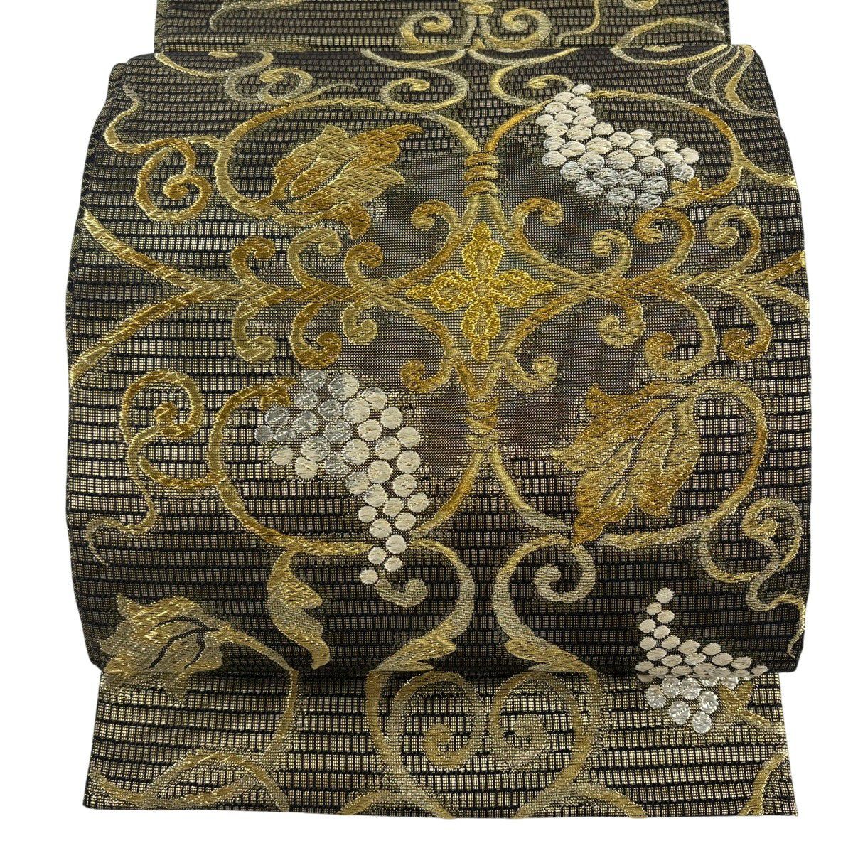 【美品】 袋帶 逸品級 誉田屋源兵衛 落款 鈴乃屋 葡萄唐草紋 刺繡 金銀彩 金茶 六通 純蠶絲