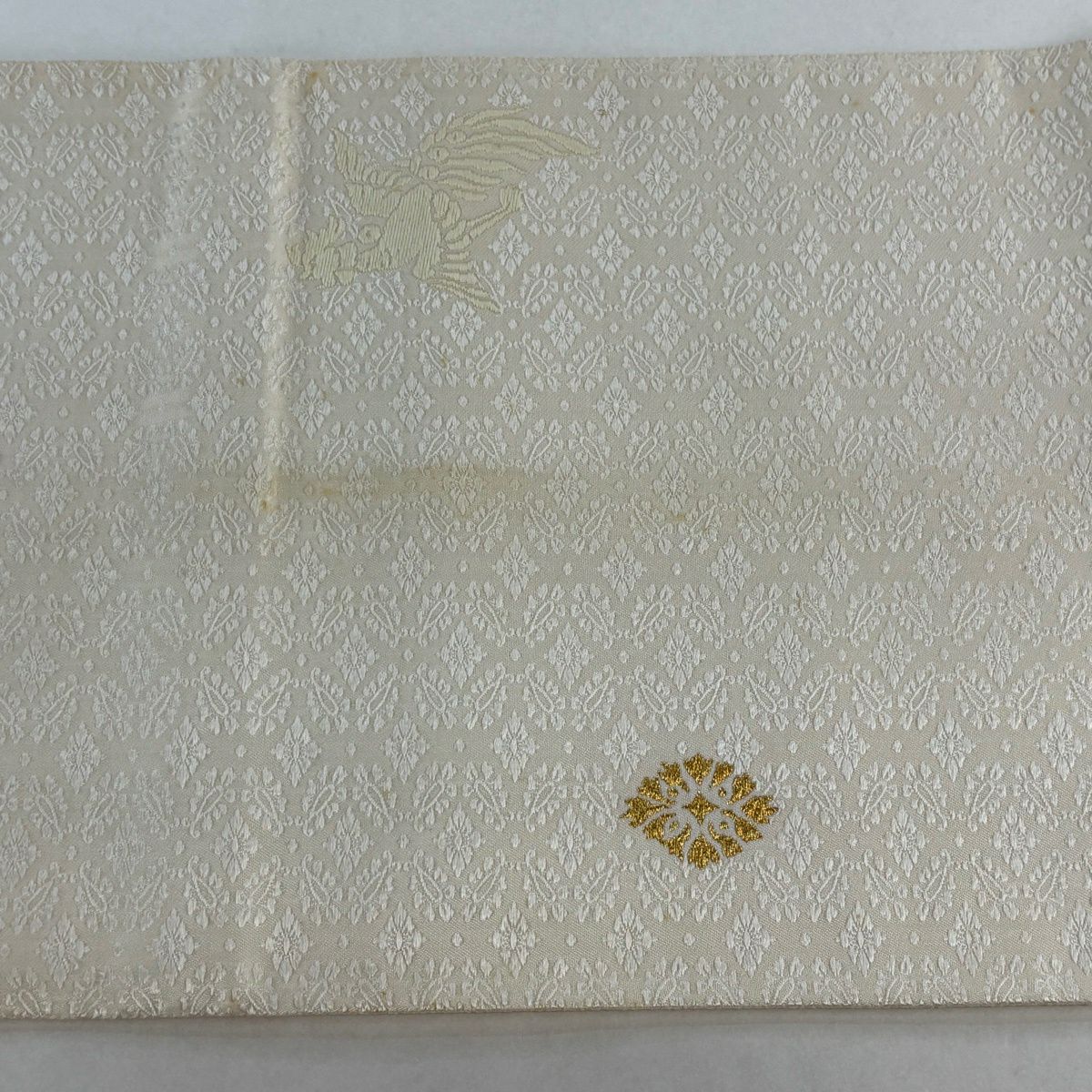 袋帶 逸品級 桐竹子鳳凰 花菱 金糸 唐織 奶油色 大鼓圖案 純蠶絲