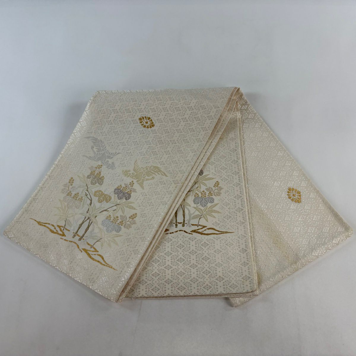 袋帶 逸品級 桐竹子鳳凰 花菱 金糸 唐織 奶油色 大鼓圖案 純蠶絲