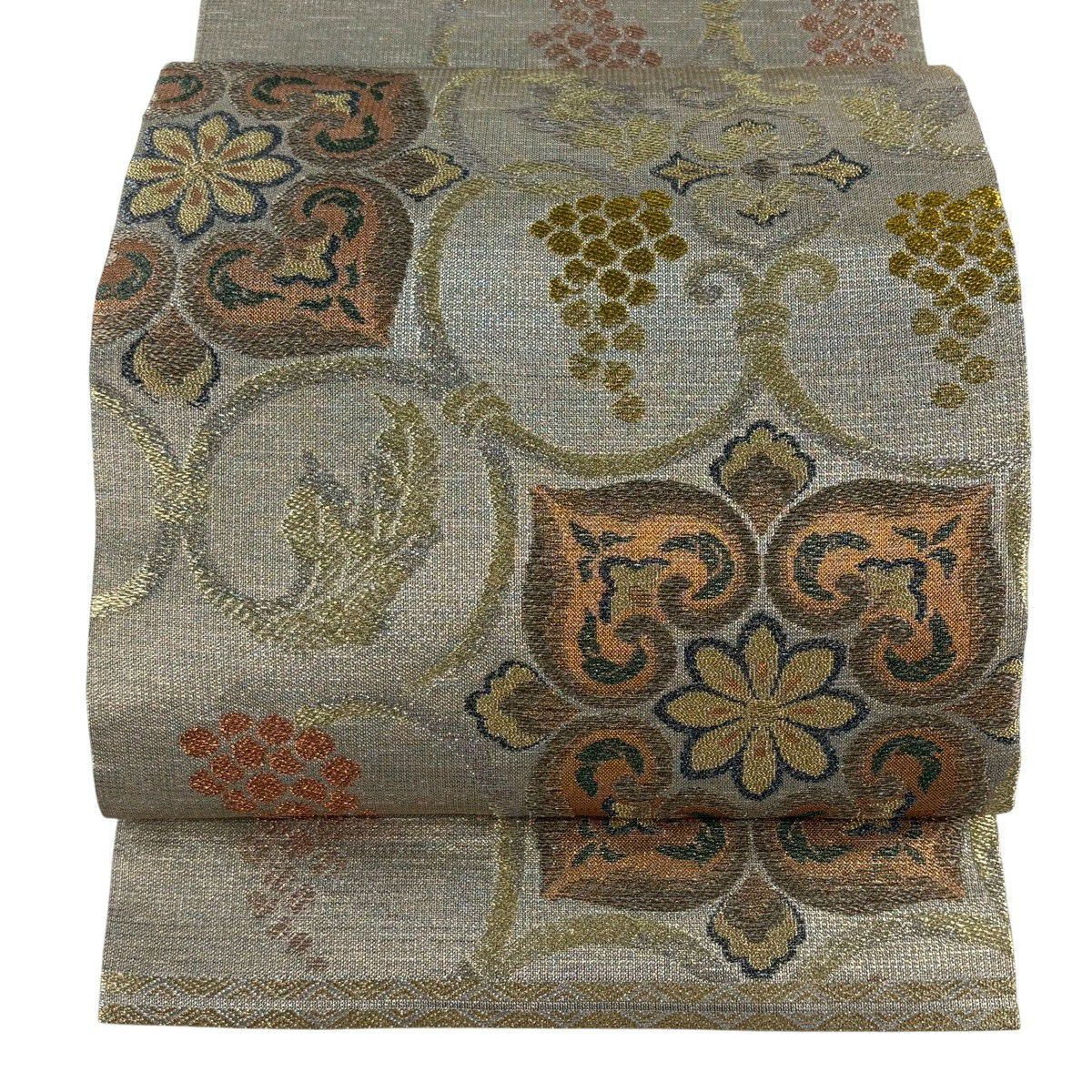 【美品】 袋帶 逸品級 誉田屋源兵衛 落款 華紋 葡萄唐草紋 金糸 金金箔 灰茶 六通 純蠶絲