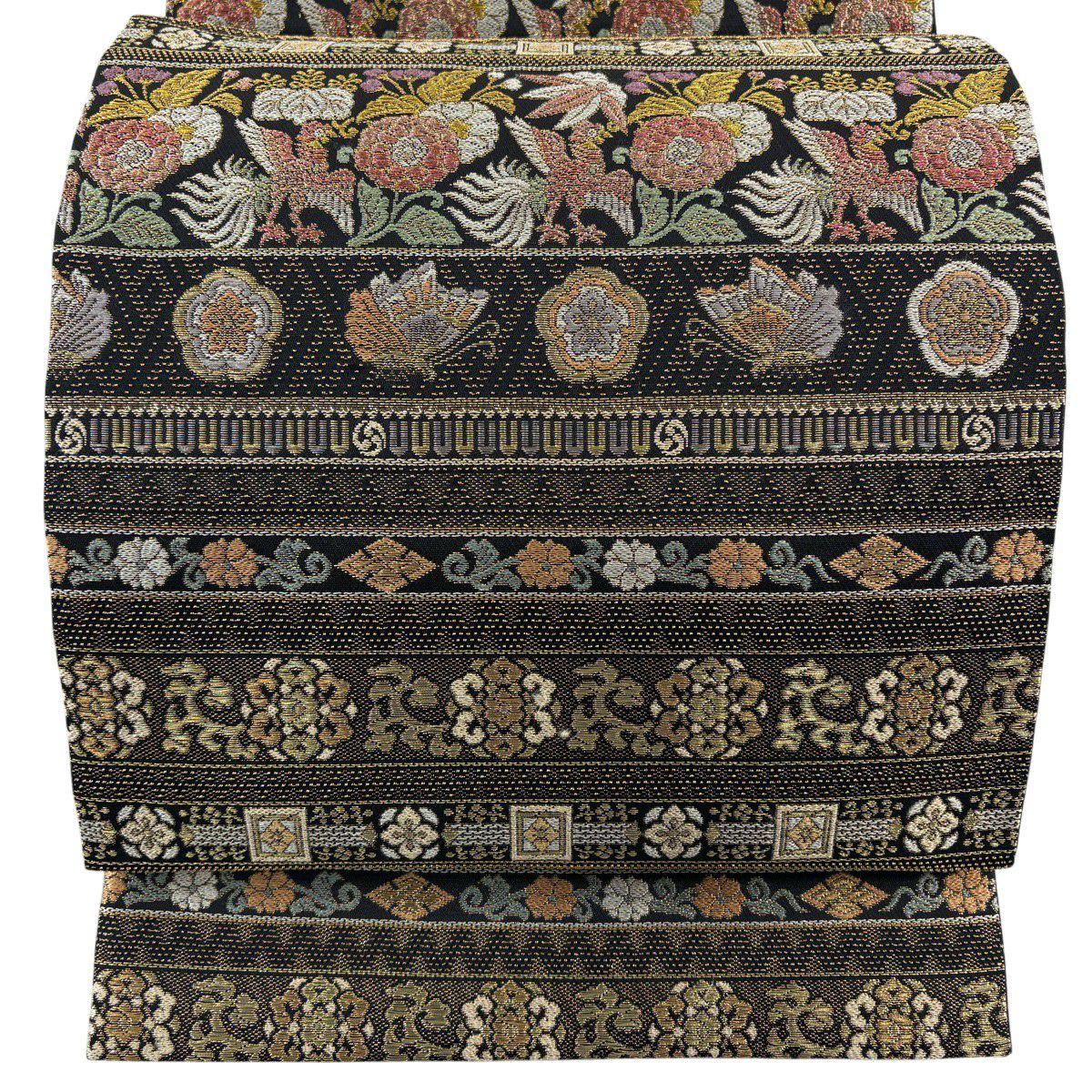 【美品】 袋帶 名品級 櫻鳳凰笹桐紋 段紋 金絲 金金箔 黑 六通 純蠶絲