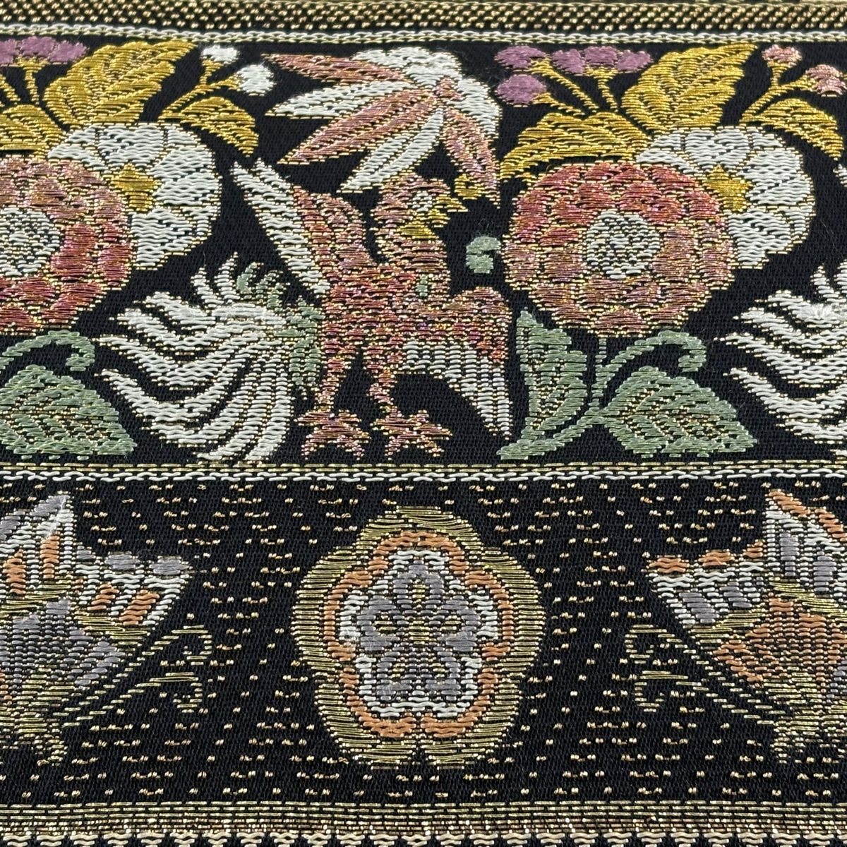 【美品】 袋帶 名品級 櫻鳳凰笹桐紋 段紋 金絲 金金箔 黑 六通 純蠶絲