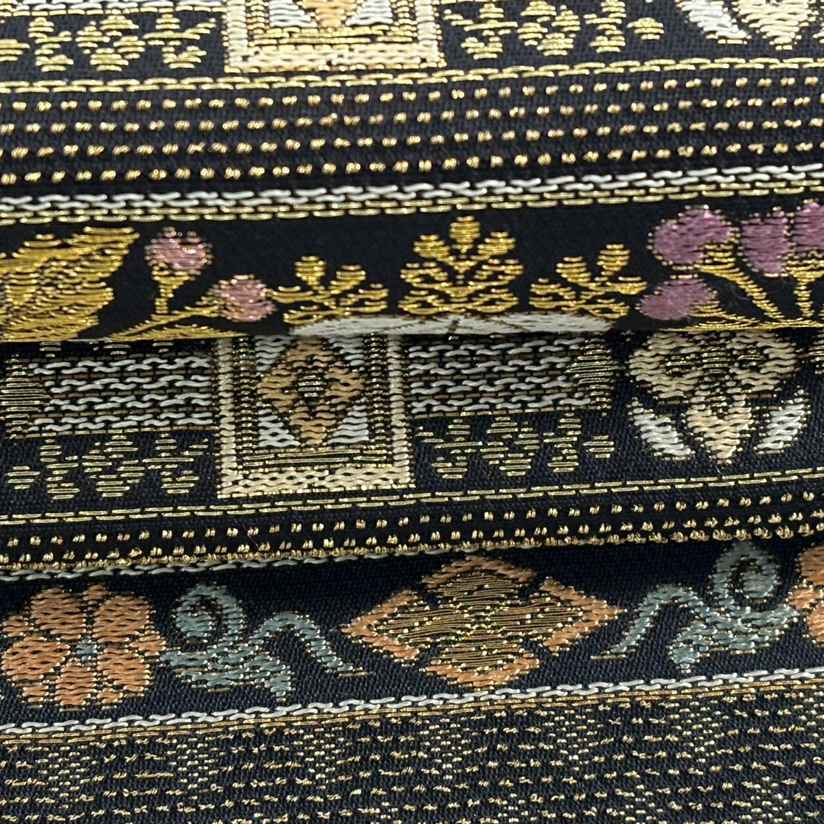 【美品】 袋帶 名品級 櫻鳳凰笹桐紋 段紋 金絲 金金箔 黑 六通 純蠶絲