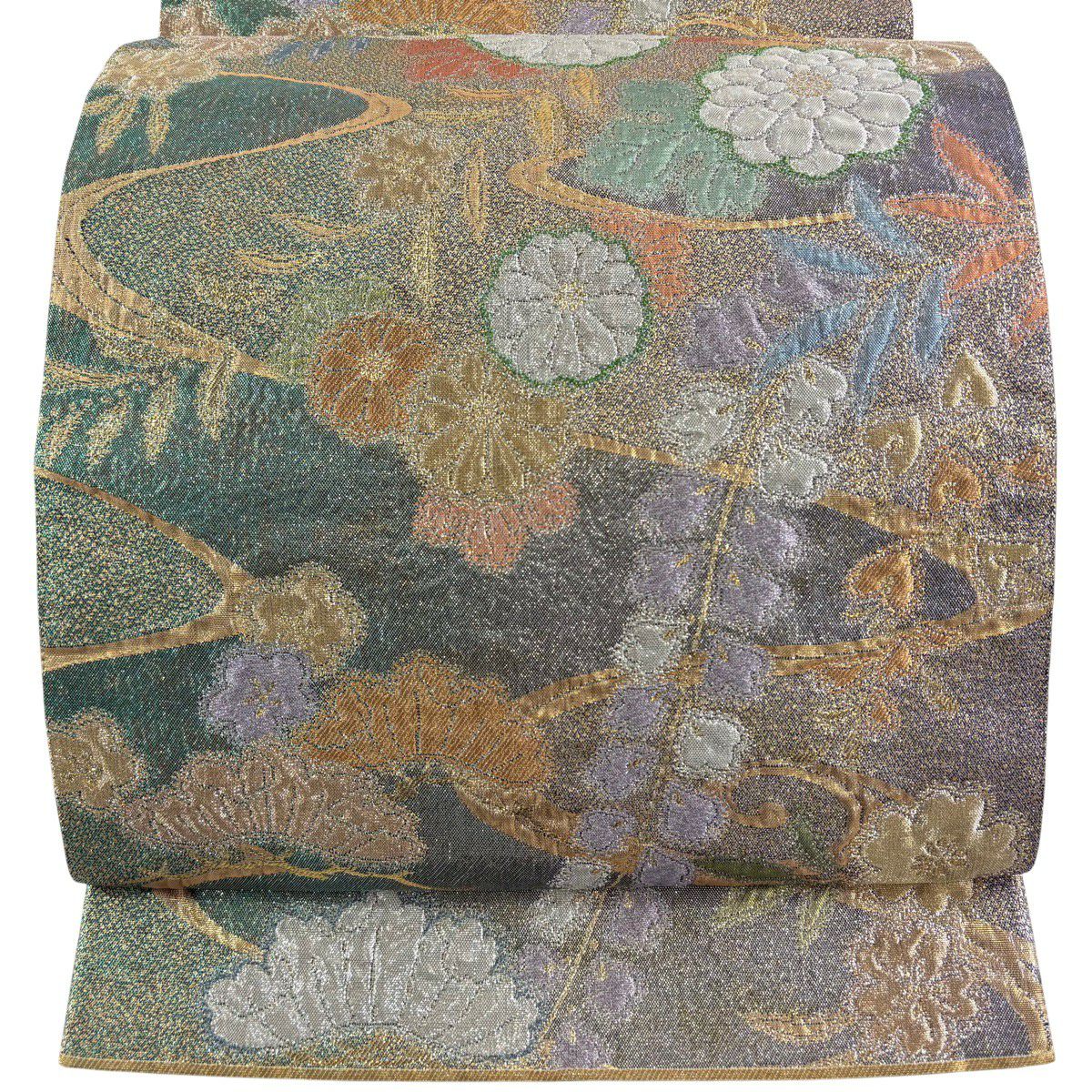 【美品】 袋帶 秀品級 草花紋紋 流水 金金箔 淺綠 六通 純蠶絲
