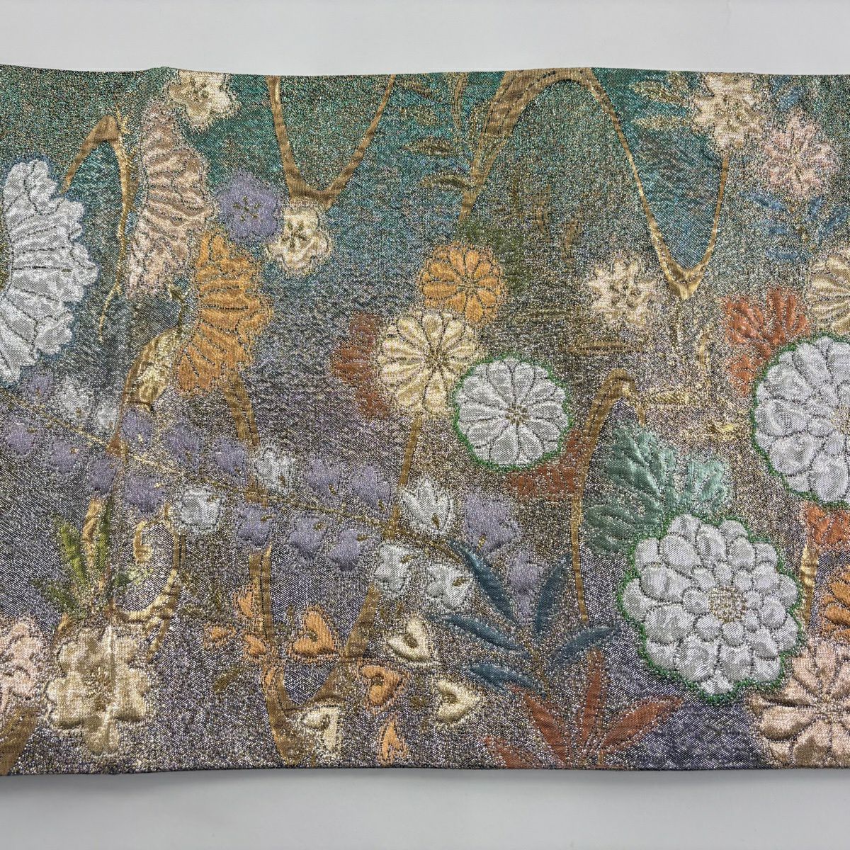【美品】 袋帶 秀品級 草花紋紋 流水 金金箔 淺綠 六通 純蠶絲