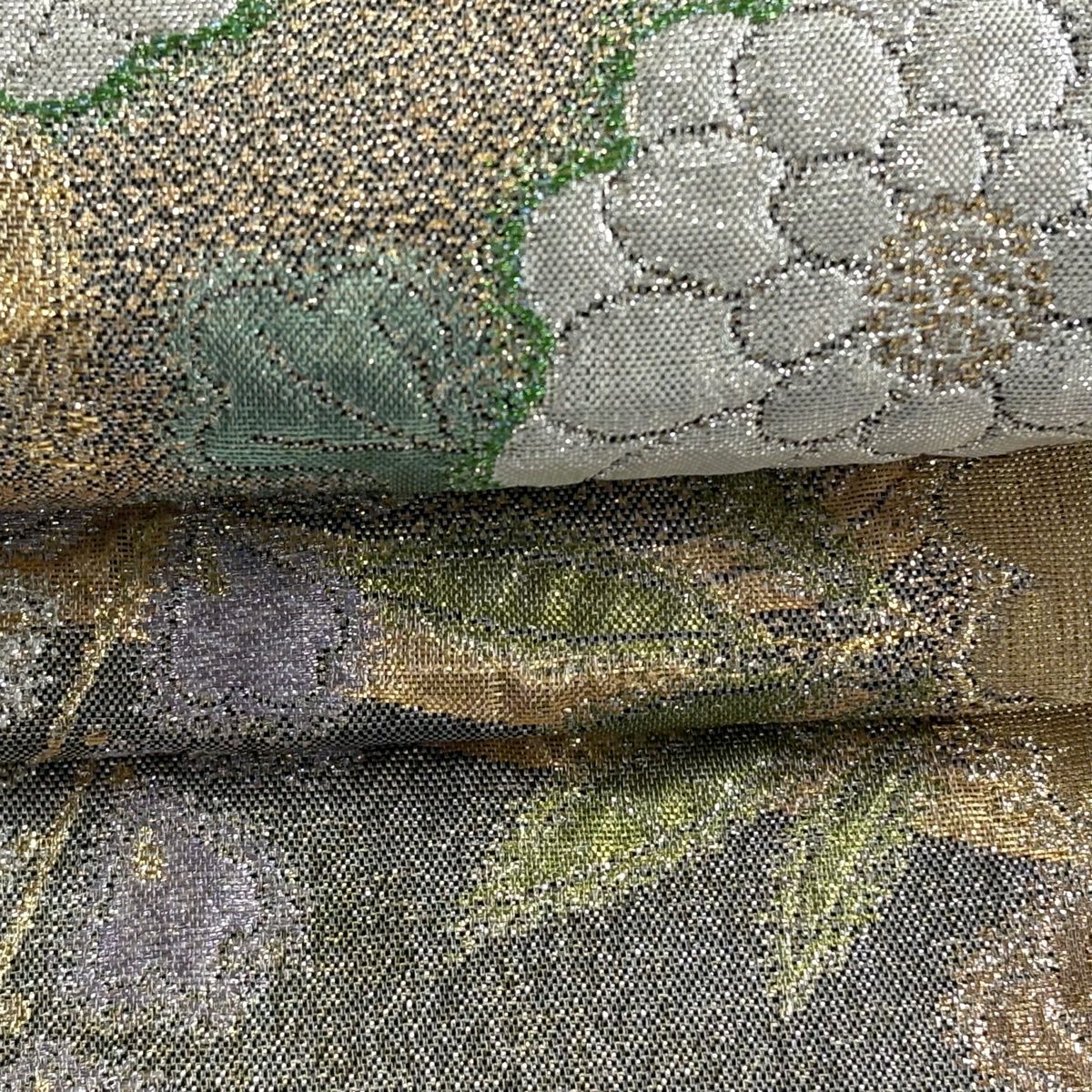 【美品】 袋帶 秀品級 草花紋紋 流水 金金箔 淺綠 六通 純蠶絲