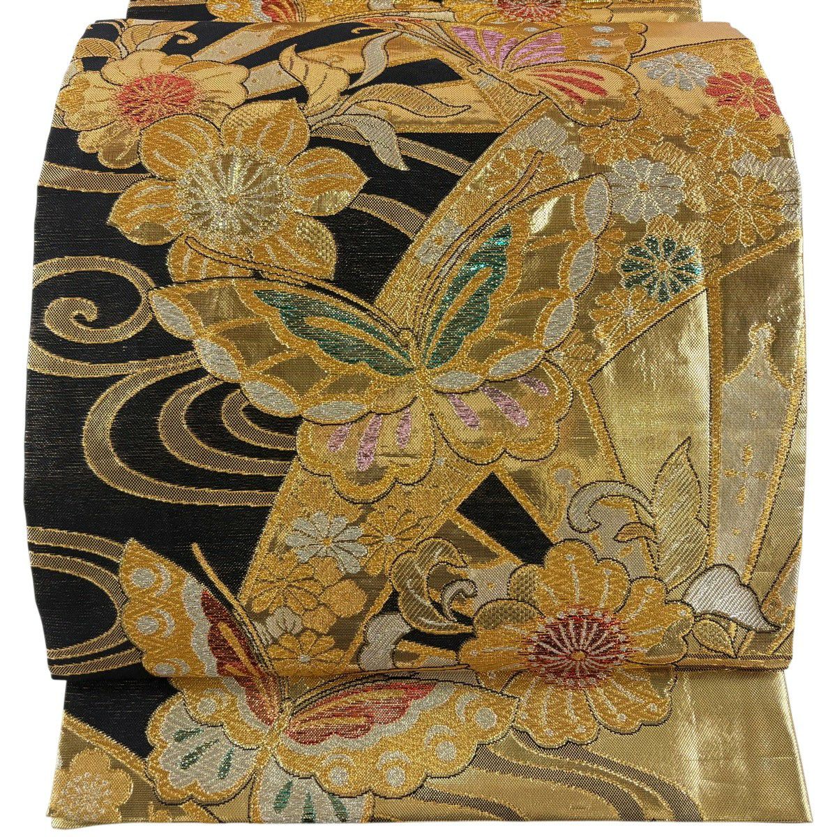 【美品】 袋帶 秀品級 振袖禮服禮服用 蝶 草花紋 金金箔 金銀彩 金色 六通 純蠶絲