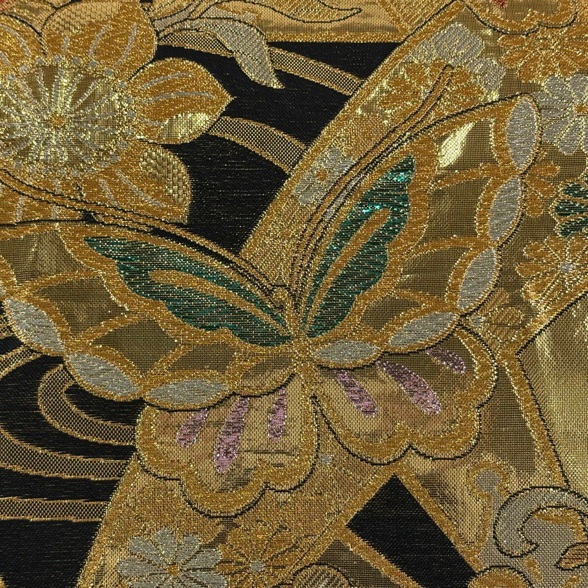 【美品】 袋帶 秀品級 振袖禮服禮服用 蝶 草花紋 金金箔 金銀彩 金色 六通 純蠶絲