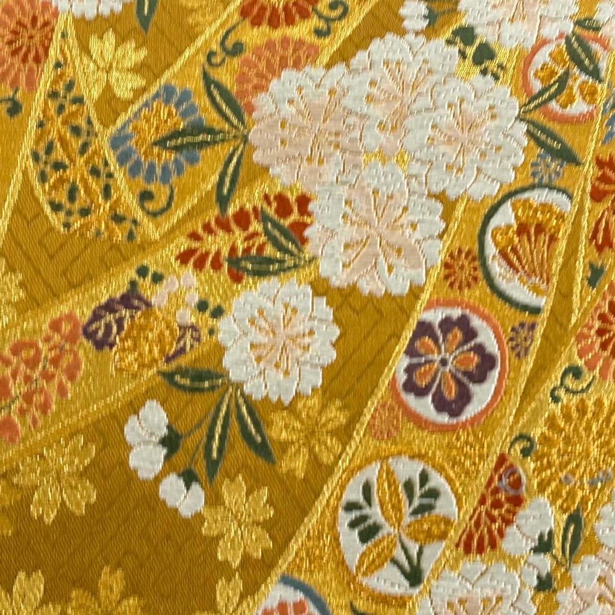 袋帶 秀品級 熨斗紋 櫻花 唐織 金金箔 黃土 深藍色 六通 純蠶絲