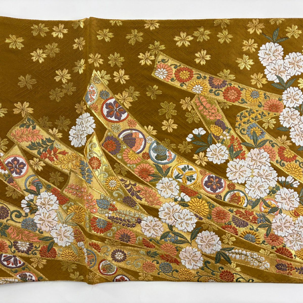 袋帶 秀品級 熨斗紋 櫻花 唐織 金金箔 黃土 深藍色 六通 純蠶絲