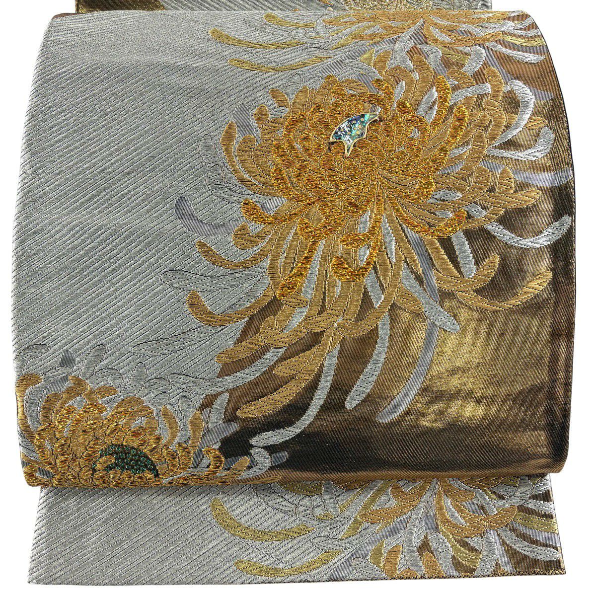 【美品】 袋帶 秀品級 菊花 幾何學 唐織 螺鈿 金色 六通 純蠶絲