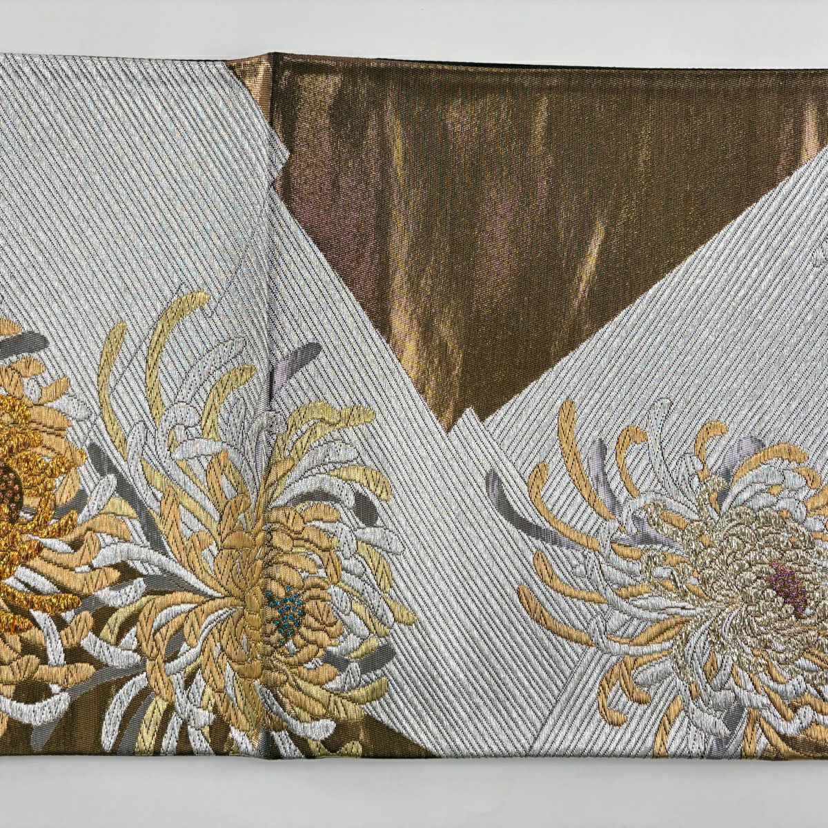 【美品】 袋帶 秀品級 菊花 幾何學 唐織 螺鈿 金色 六通 純蠶絲