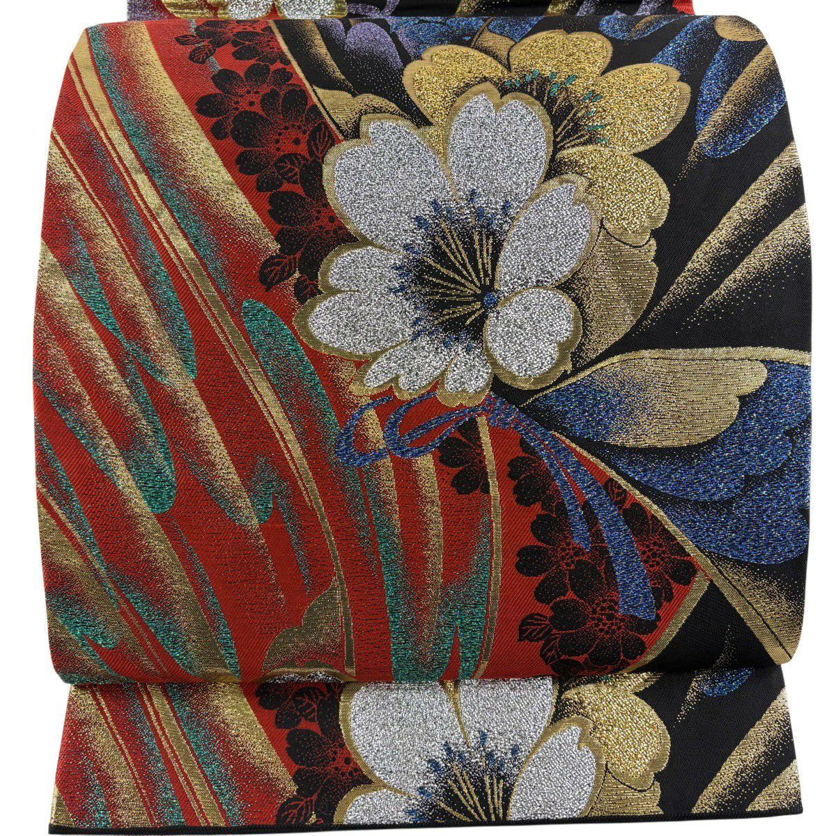 【美品】 袋帶 秀品級 振袖禮服禮服用 花 幾何學 金金箔 紅 六通 純蠶絲