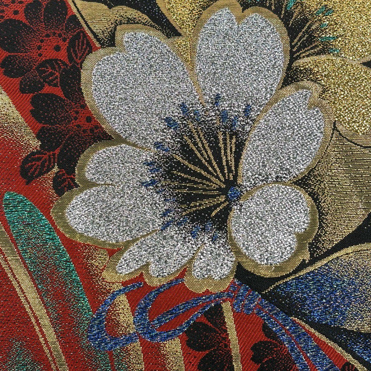【美品】 袋帶 秀品級 振袖禮服禮服用 花 幾何學 金金箔 紅 六通 純蠶絲