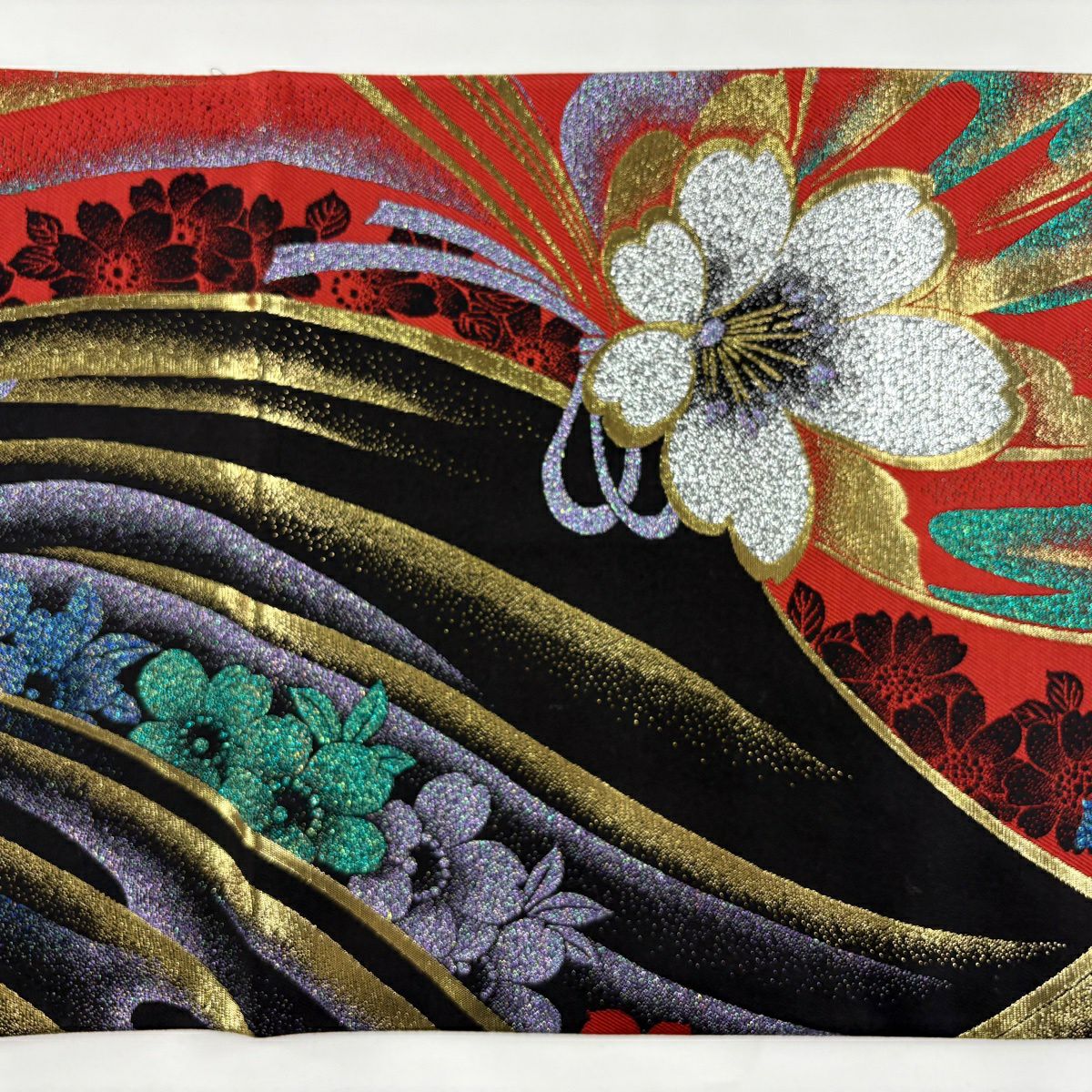 【美品】 袋帶 秀品級 振袖禮服禮服用 花 幾何學 金金箔 紅 六通 純蠶絲