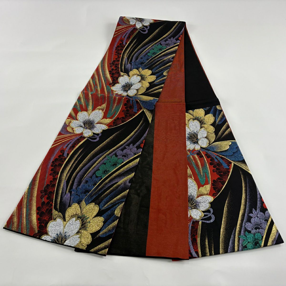 【美品】 袋帶 秀品級 振袖禮服禮服用 花 幾何學 金金箔 紅 六通 純蠶絲