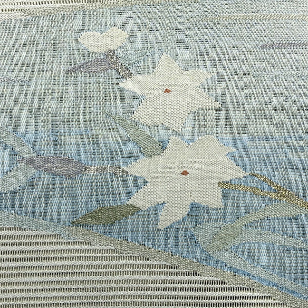 名古屋帶 優品級 夏帶 松樹葉仕立 八寸名古屋帶 草花紋紋 流水 金銀彩 灰綠 純蠶絲