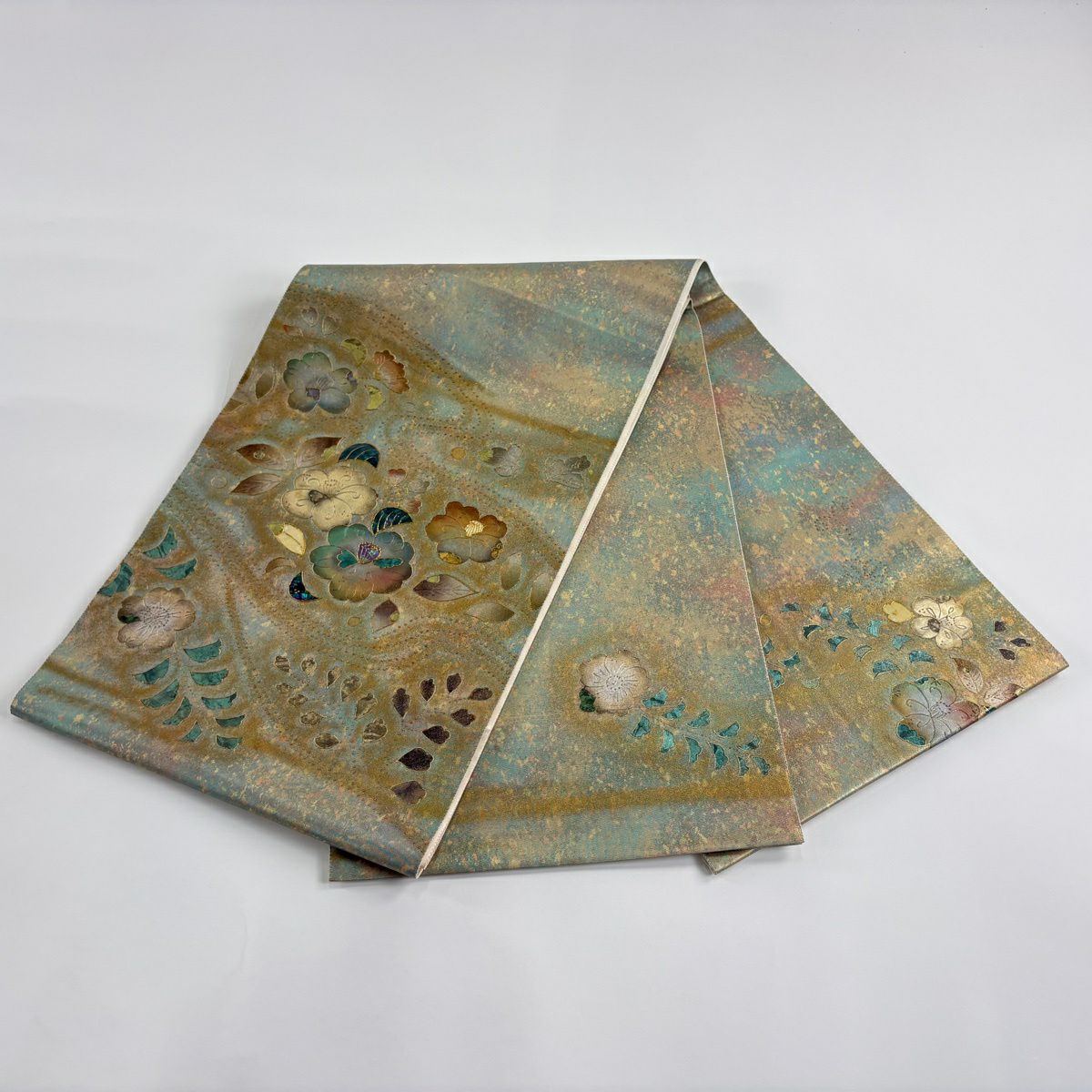 袋帶 秀品級 辻花染 螺鈿 本金金箔 灰綠 お太鼓柄 純蠶絲