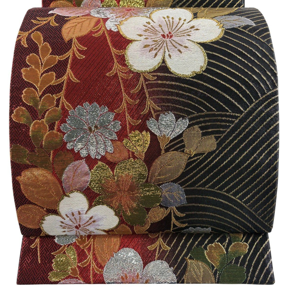 袋帶 秀品級 振袖禮服禮服用 櫻花 波紋 金金箔 金絲 紅黑 六通 純蠶絲