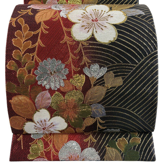 袋帶 秀品級 振袖禮服禮服用 櫻花 波紋 金金箔 金絲 紅黑 六通 純蠶絲