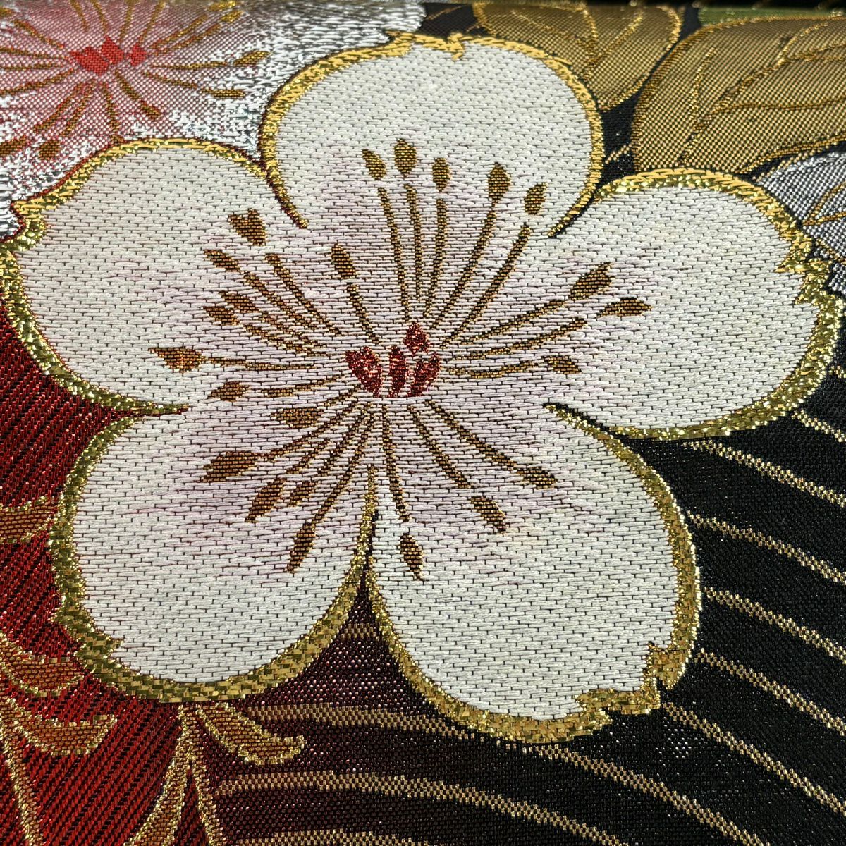 袋帶 秀品級 振袖禮服禮服用 櫻花 波紋 金金箔 金絲 紅黑 六通 純蠶絲