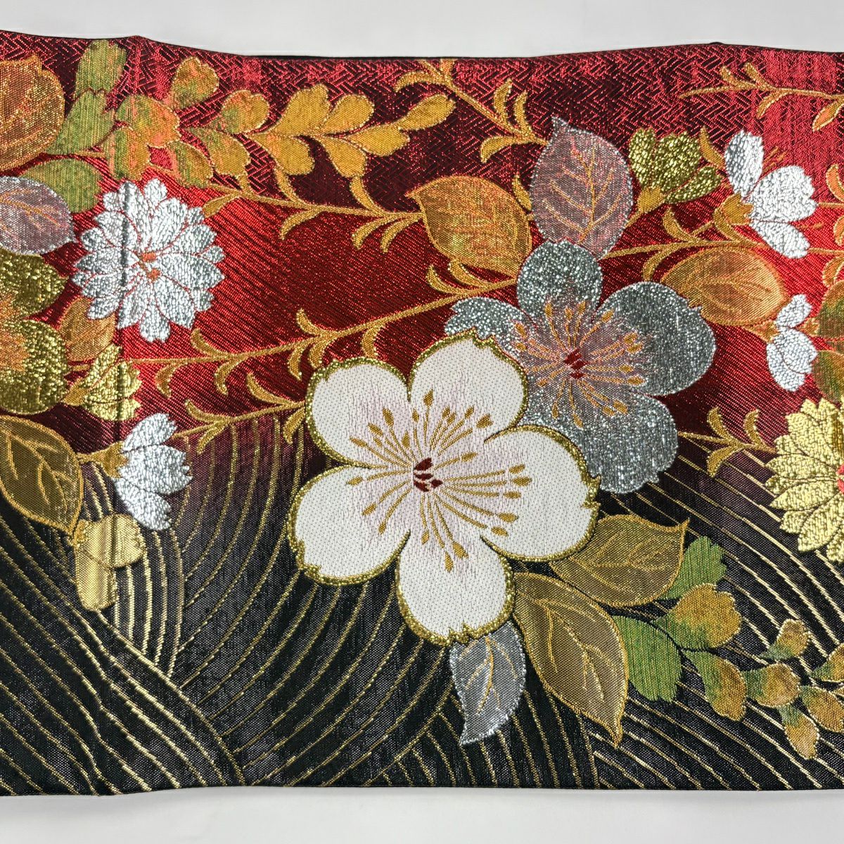 袋帶 秀品級 振袖禮服禮服用 櫻花 波紋 金金箔 金絲 紅黑 六通 純蠶絲