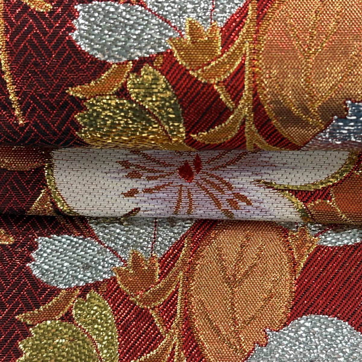 袋帶 秀品級 振袖禮服禮服用 櫻花 波紋 金金箔 金絲 紅黑 六通 純蠶絲