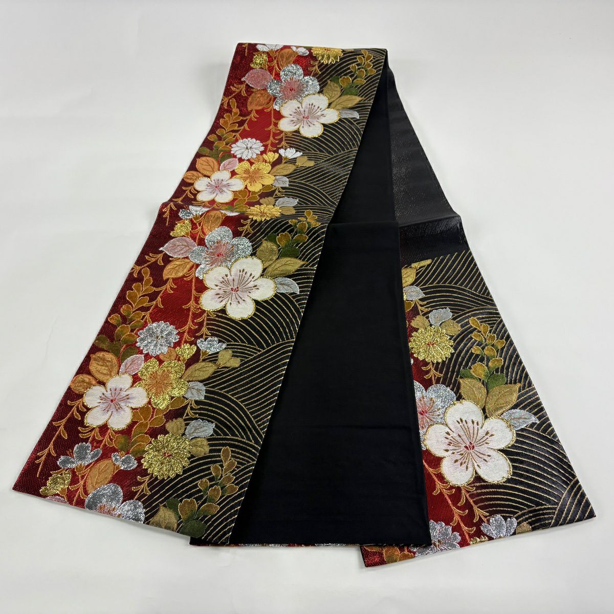 袋帶 秀品級 振袖禮服禮服用 櫻花 波紋 金金箔 金絲 紅黑 六通 純蠶絲