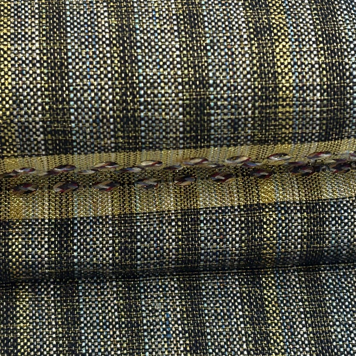 【美品】 袋帶 秀品級 縞 幾何圖案 金絲 金通 青灰 深藍色 正蠶絲