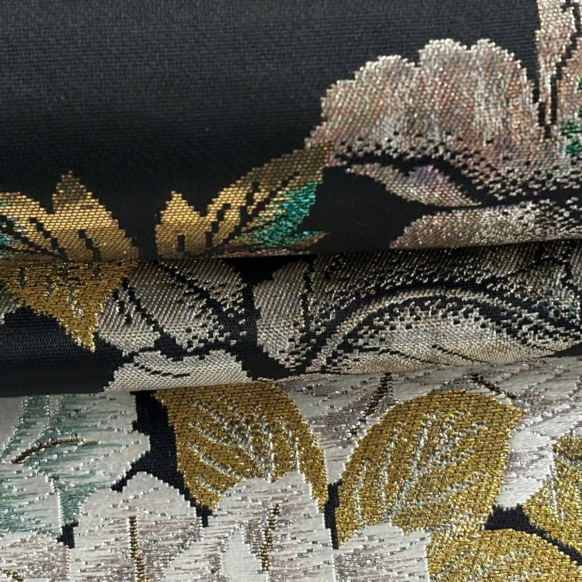 【美品】 袋帶 秀品級 草花紋紋 鳥 金金箔 唐織 黑 六通 純蠶絲