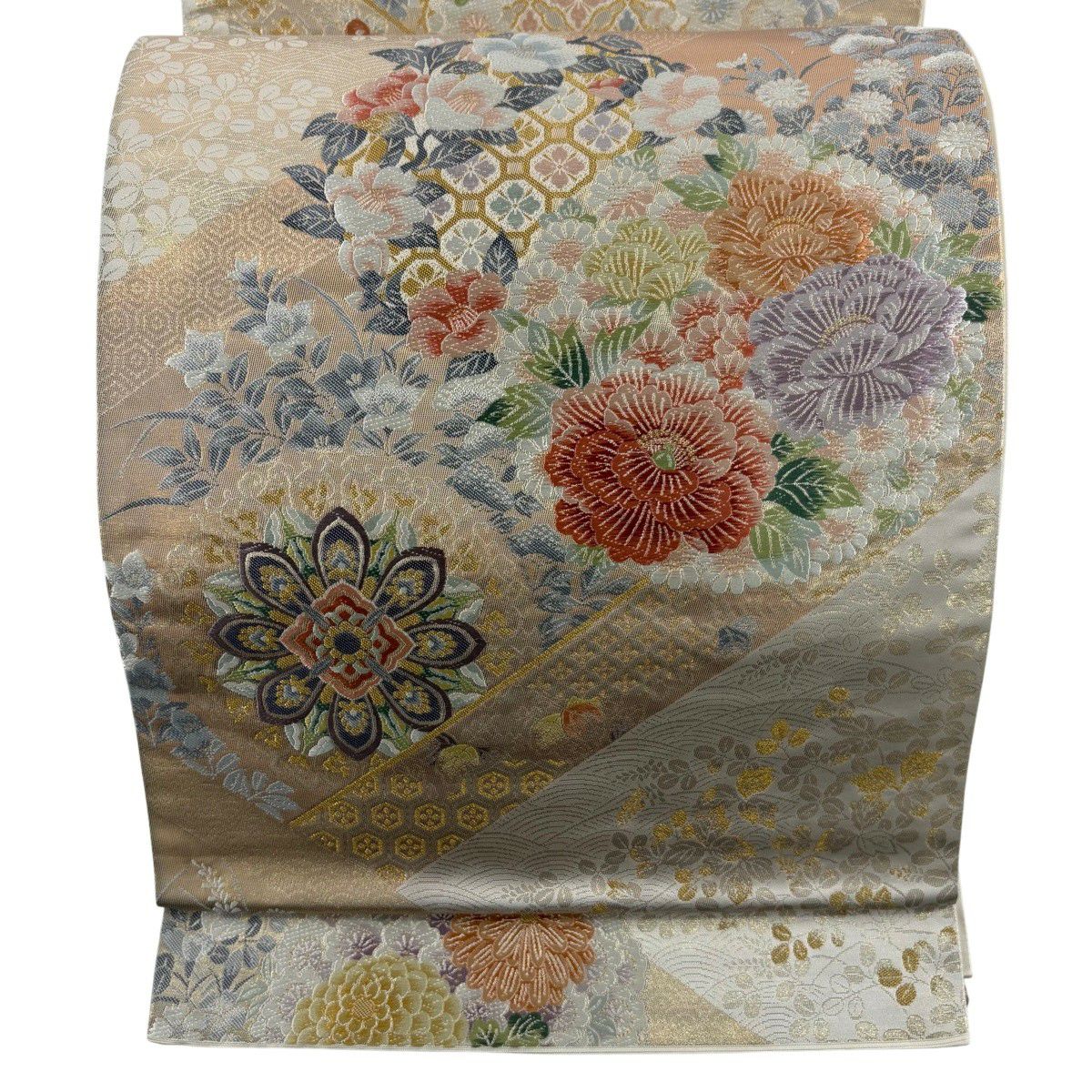 【美品】 袋帶 秀品級 華紋 草花紋 唐織 金金箔 金色 六通 純蠶絲
