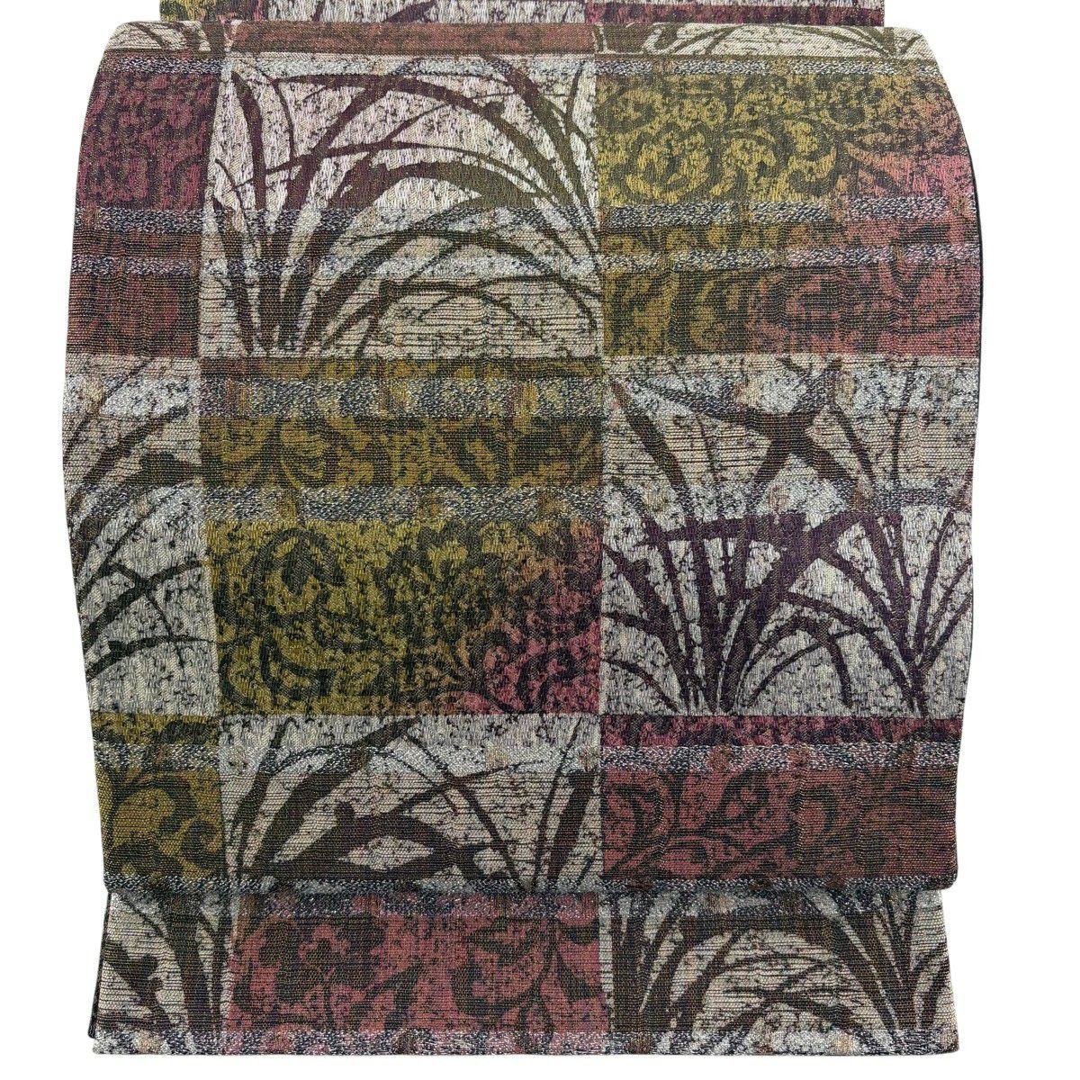 【美品】 袋帶 秀品級 大和 葉 市松樹 金金箔 金絲 鶯色 全通 純蠶絲