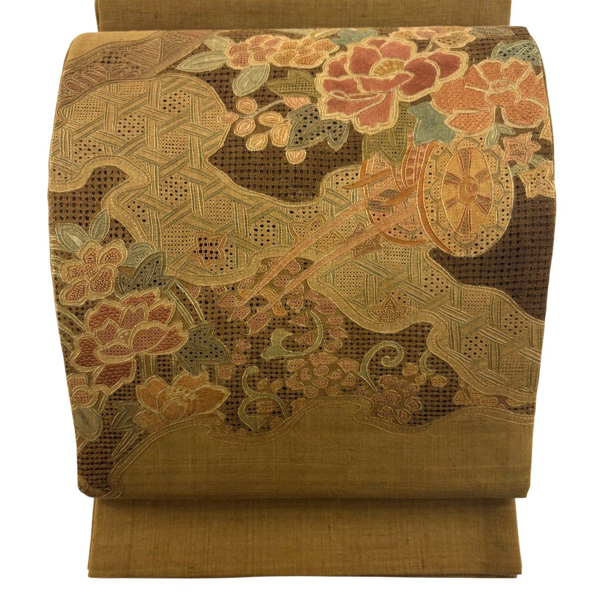 【美品】 袋帶 秀品級 紬織織 花車 花唐草紋 刺繡 山吹茶 純蠶絲