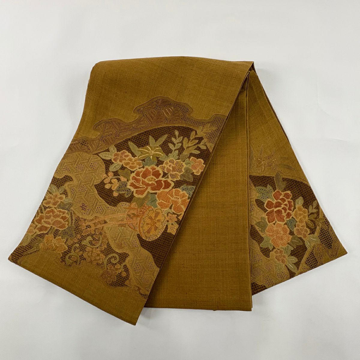 【美品】 袋帶 秀品級 紬織織 花車 花唐草紋 刺繡 山吹茶 純蠶絲