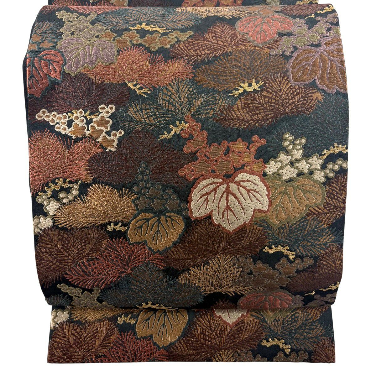 【美品】 袋帶 秀品級 桐 笠松樹 唐織 金金箔 黑 六通 純蠶絲