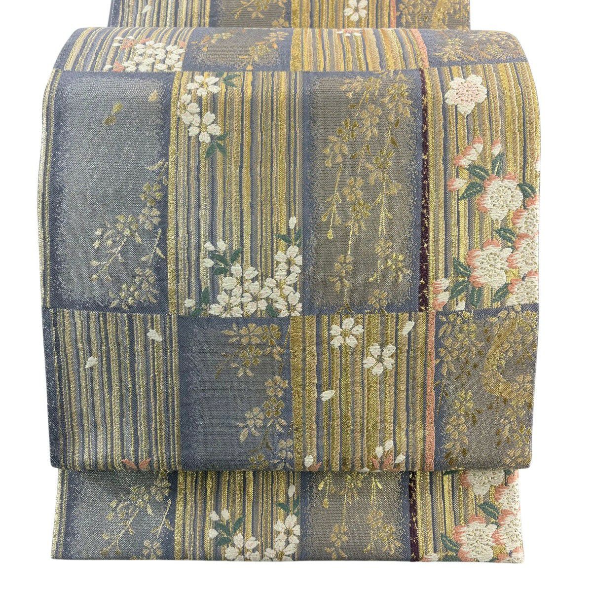 【美品】 袋帶 秀品級 大和 櫻花 條紋 金金箔 金絲 淺紫 六通 純蠶絲