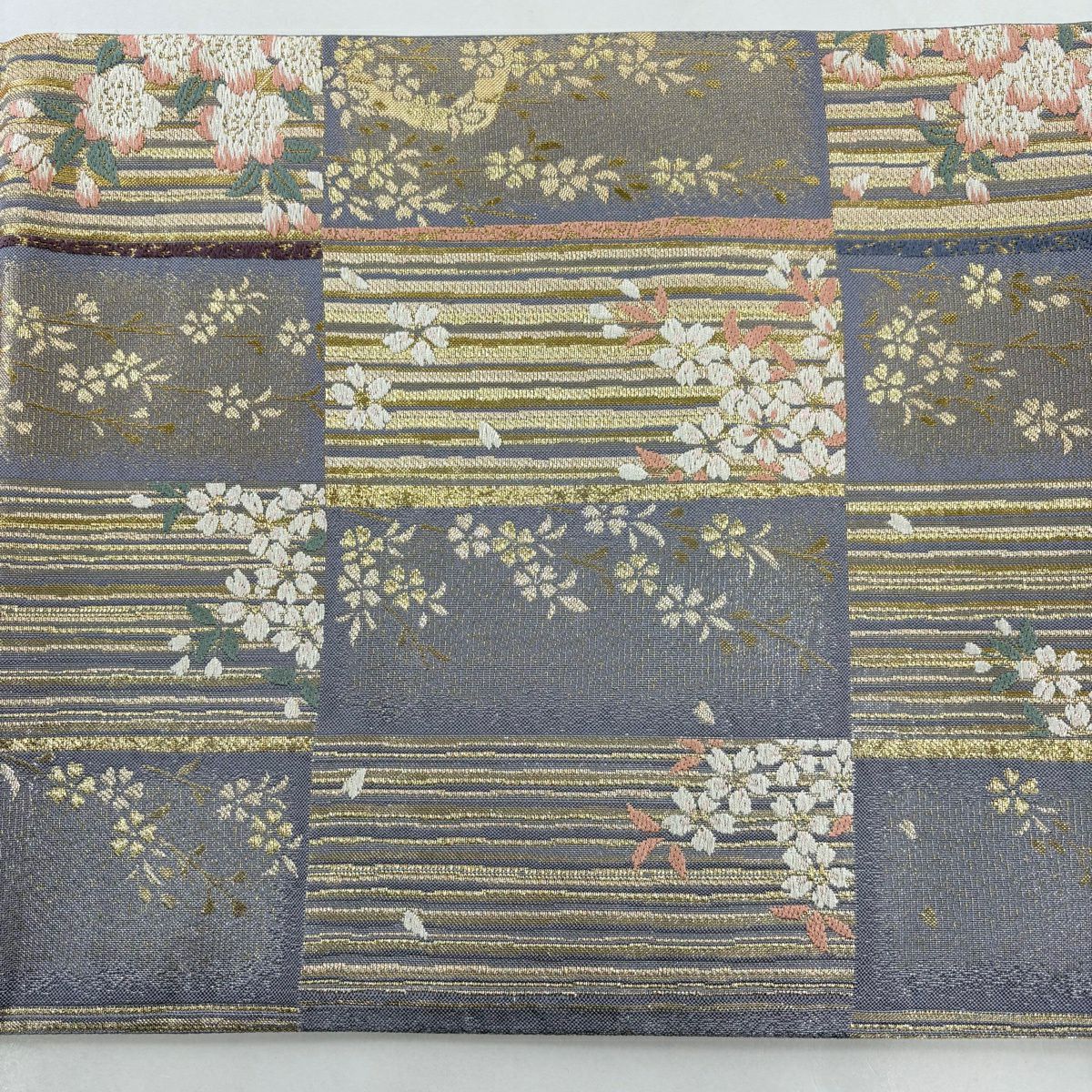 【美品】 袋帶 秀品級 大和 櫻花 條紋 金金箔 金絲 淺紫 六通 純蠶絲