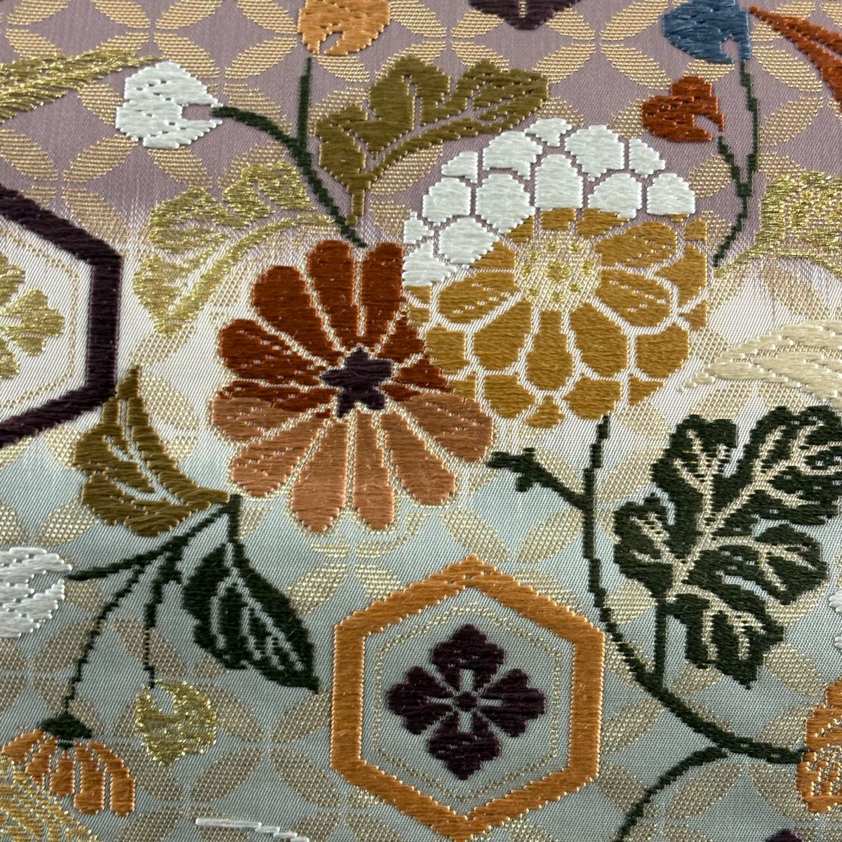 【美品】 袋帶 秀品級 草花紋紋 有職文樣 唐織 金金箔 青灰 深藍色 六通 純蠶絲
