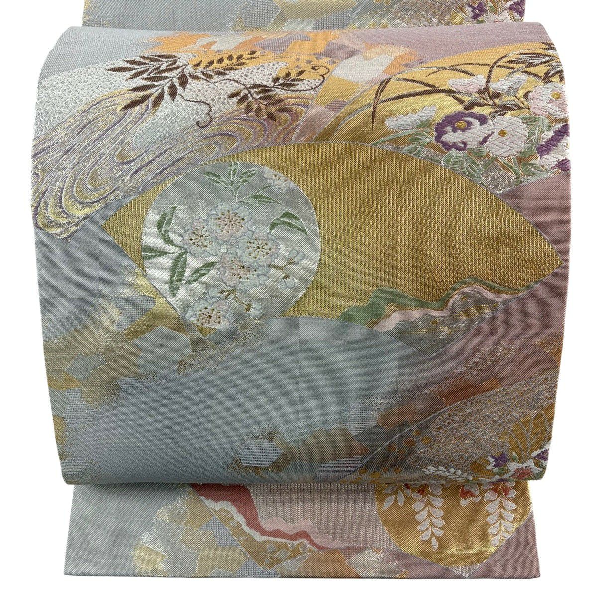 袋帶 秀品級 扇子面 櫻花 金絲 金金箔 淺粉色 六通 純蠶絲