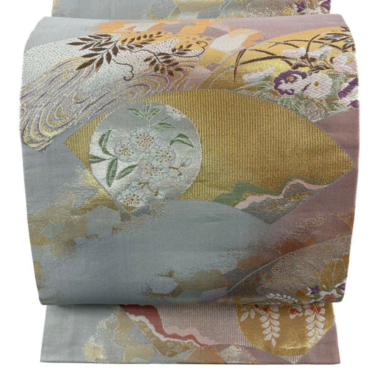 袋帶 秀品級 扇子面 櫻花 金絲 金金箔 淺粉色 六通 純蠶絲