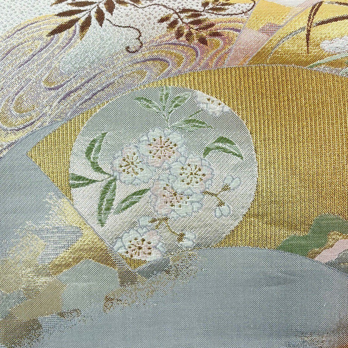 袋帶 秀品級 扇子面 櫻花 金絲 金金箔 淺粉色 六通 純蠶絲