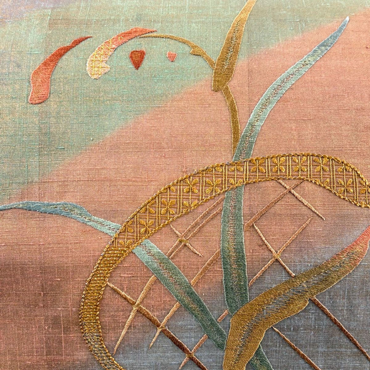 袋帶 秀品級 紬織織 葉柄 花 刺繡 金線 橙色 大鼓柄 純蠶絲