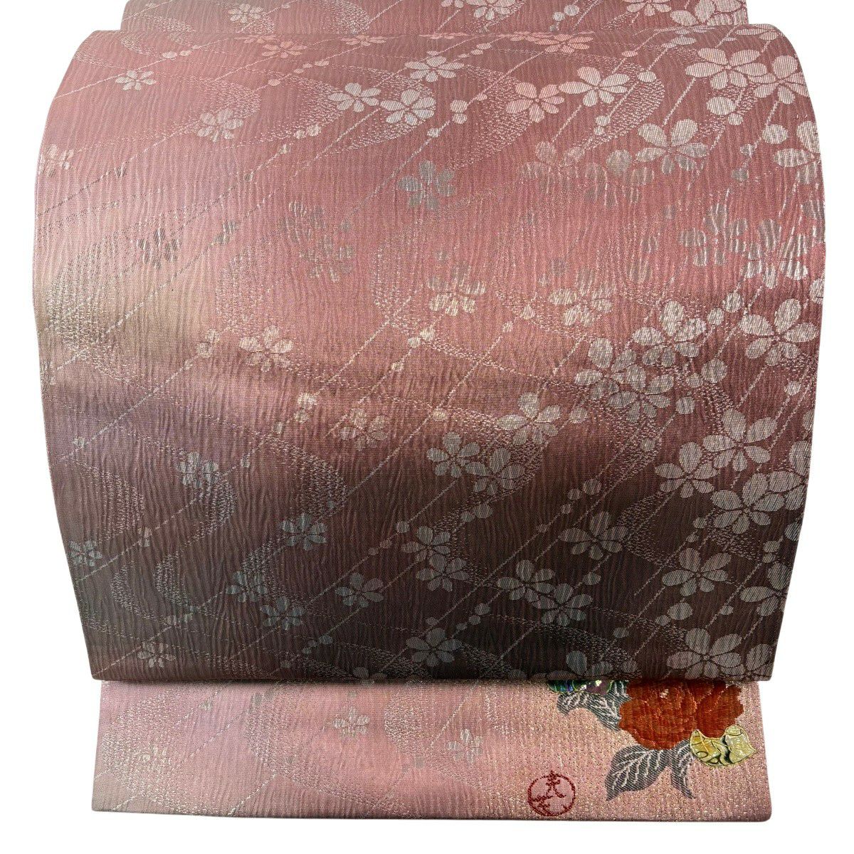 【美品】 袋帶 秀品級 單點圖案 花 流水 金金箔 螺鈿 粉色 六通 純蠶絲