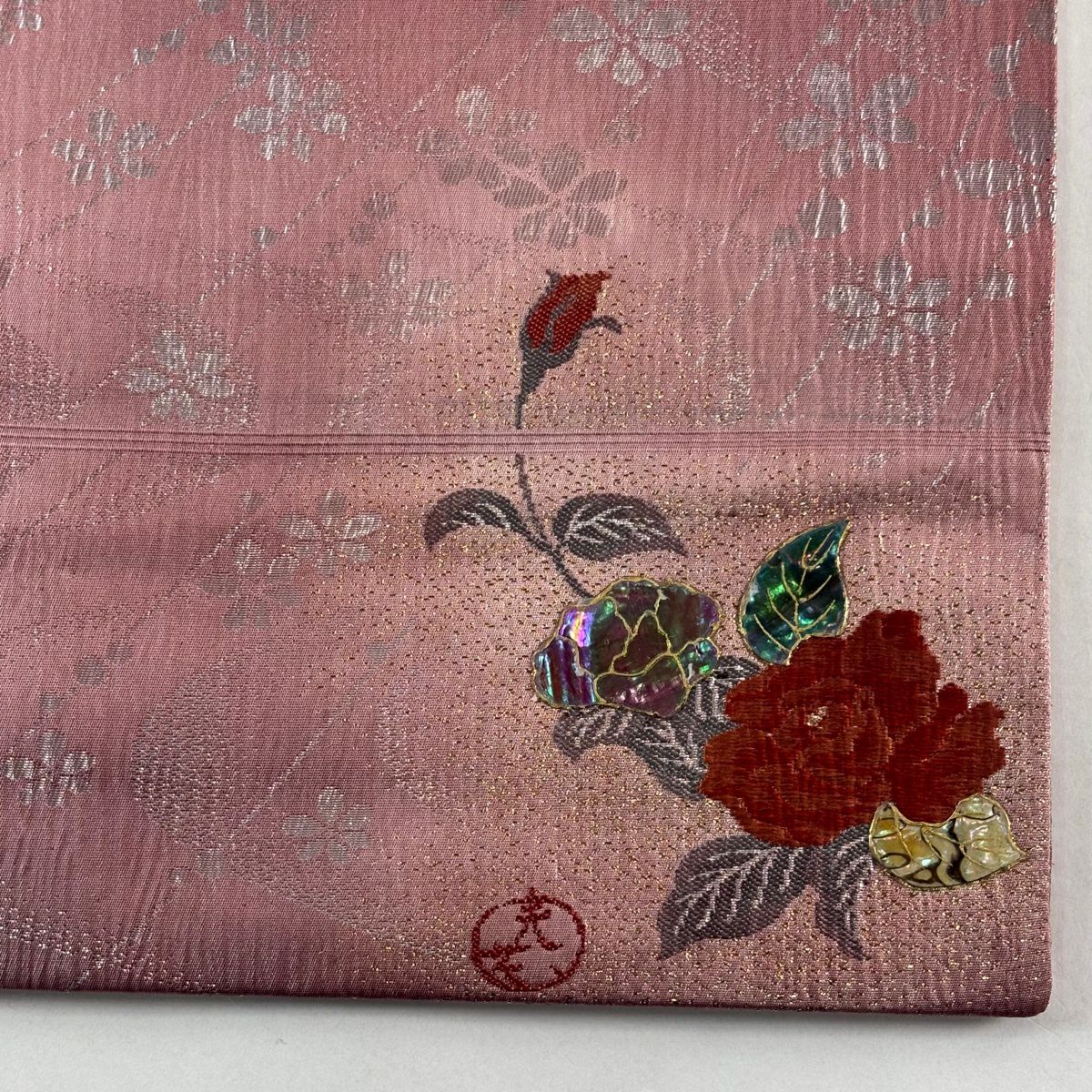 【美品】 袋帶 秀品級 單點圖案 花 流水 金金箔 螺鈿 粉色 六通 純蠶絲
