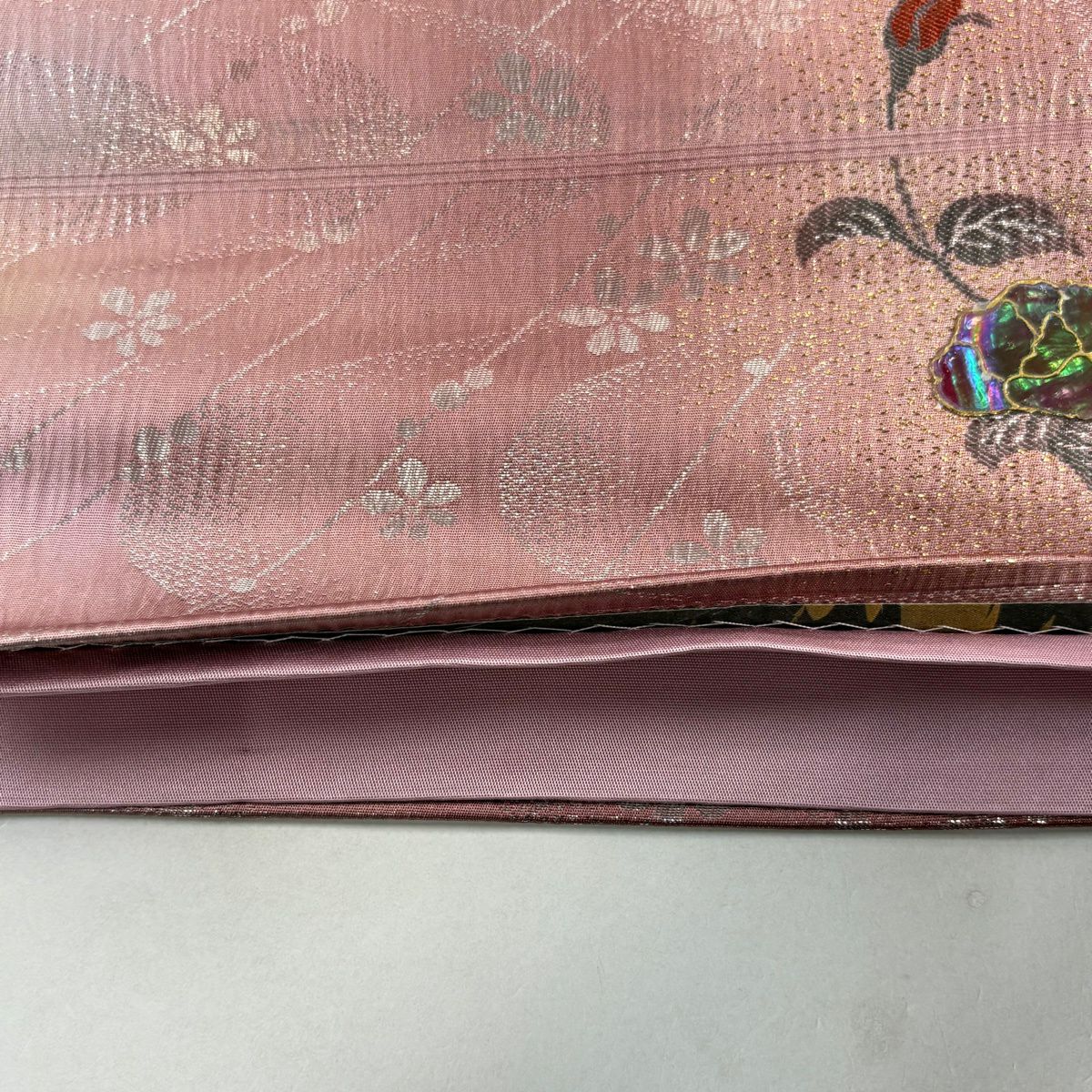 【美品】 袋帶 秀品級 單點圖案 花 流水 金金箔 螺鈿 粉色 六通 純蠶絲